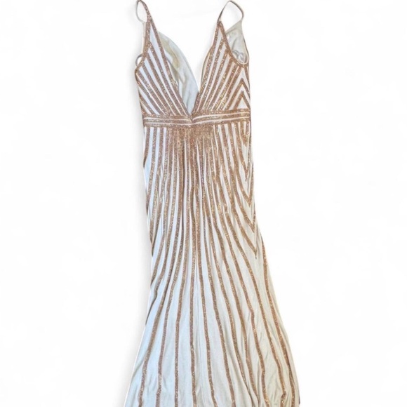 Jovani White Maxi with Gold Beaded Linear Accents - Picture 4 of 6